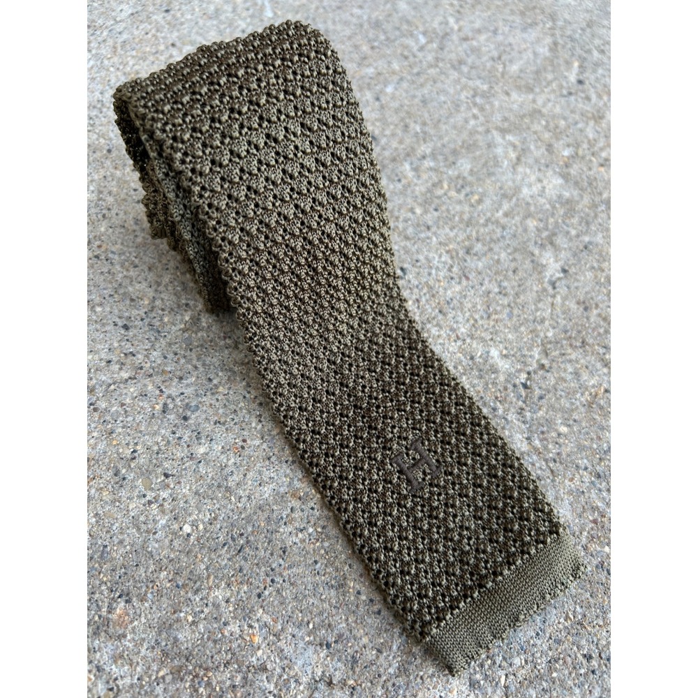 Authentic Hermes 100% Silk Olive Green Knit Men's Tie H Logo Tricot France